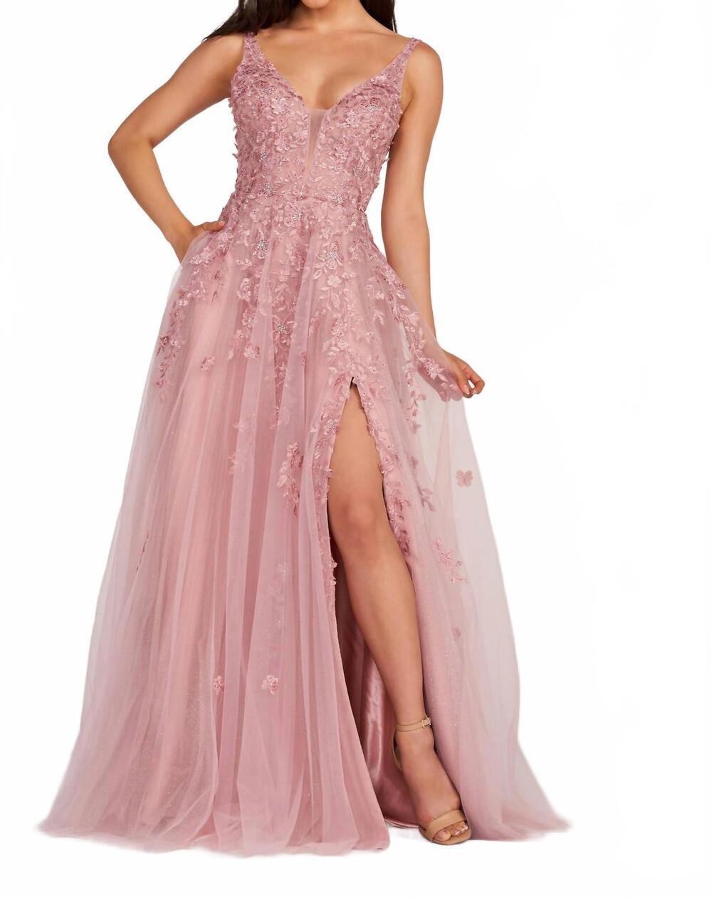 NEW ELLIE WILDE side-slit long prom ball gown in rose quartz